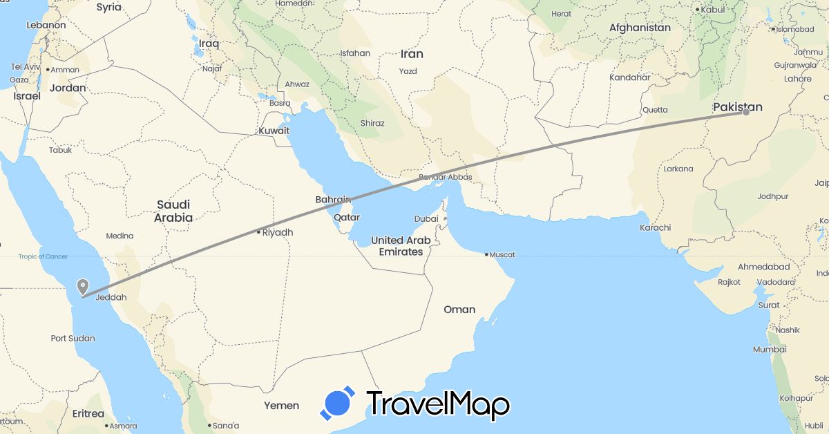 TravelMap itinerary: driving, plane in Pakistan, Saudi Arabia (Asia)